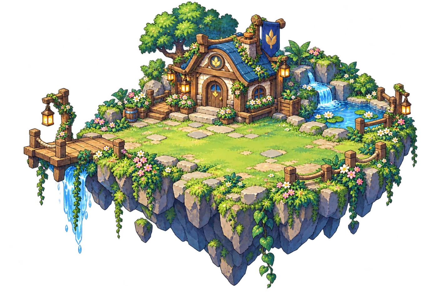 A lush floating island with a blue-roofed cottage and waterfalls