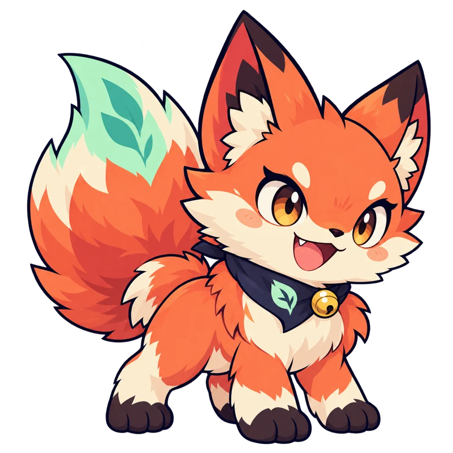 Orange leaf fox with mint leaf accents and a navy scarf